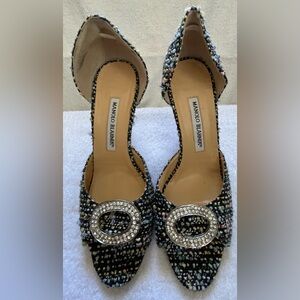 Manolo Blahnik Sedaraby Peep Toe d’Orsay Crystal Embellished Pump, size 37